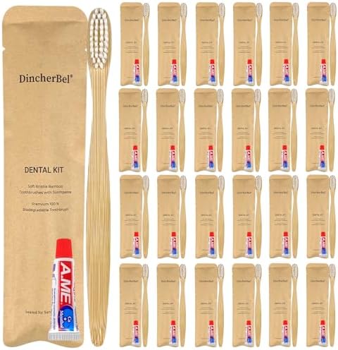 DincherBel Bamboo Disposable Toothbrushes Kit for Hotels, Airbnb, and Travel (50 Pack) | DincherBel Bamboo Toothbrushes