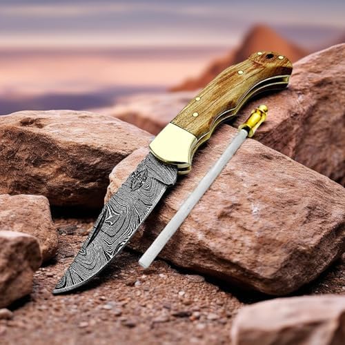 Best.Buy Damascus1 Folding Hunting Knife, 6.5" Real Damascus Blade & Olive Wood Handle, EDC Camping Knife for Men