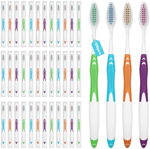 100 Bulk Medium Soft Toothbrushes Pack with Covers for Adults & Kids | Individually Wrapped Disposal Toothbrushes for T