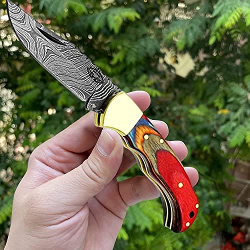 Best.Buy Damascus1 Folding Hunting Knife, 6.5" Real Damascus Blade & Olive Wood Handle, EDC Camping Knife for Men