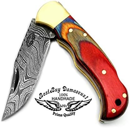 Best.Buy Damascus1 Folding Hunting Knife, 6.5" Real Damascus Blade & Olive Wood Handle, EDC Camping Knife for Men