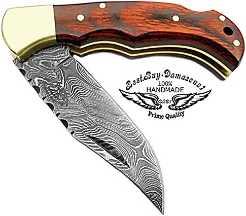 Best.Buy Damascus1 Folding Hunting Knife, 6.5" Real Damascus Blade & Olive Wood Handle, EDC Camping Knife for Men