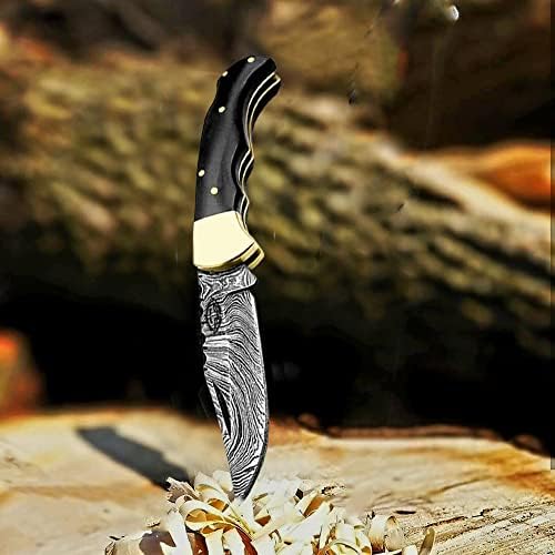 Best.Buy Damascus1 Folding Hunting Knife, 6.5" Real Damascus Blade & Olive Wood Handle, EDC Camping Knife for Men