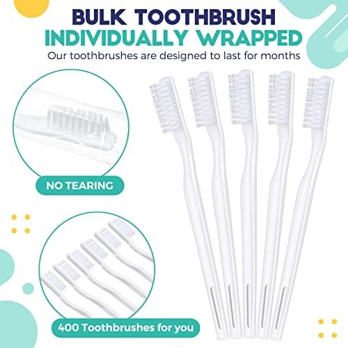 400 Pack Individually Wrapped Disposable Toothbrush for Adults and Travelers, White | Hard Bristle 400 Pack Bulk Dispos