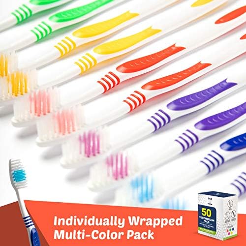 Bulk Toothbrushes 50 Pack for Adults & Kids | Made with a Medium-Soft Large Brush Head | BPA-Free & Disposable Bulk To