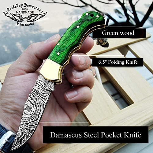 Best.Buy Damascus1 Folding Hunting Knife, 6.5" Real Damascus Blade & Olive Wood Handle, EDC Camping Knife for Men