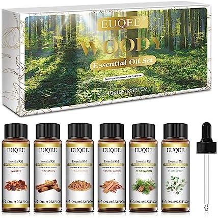 EUQEE Woody Essential Oils Set for Aromatherapy - Pure & Natural Oils - Eucalyptus, Cedarwood, Sandalwood, Frankincense,