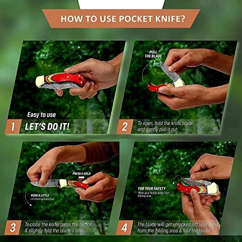 Best.Buy Damascus1 Folding Hunting Knife, 6.5" Real Damascus Blade & Olive Wood Handle, EDC Camping Knife for Men