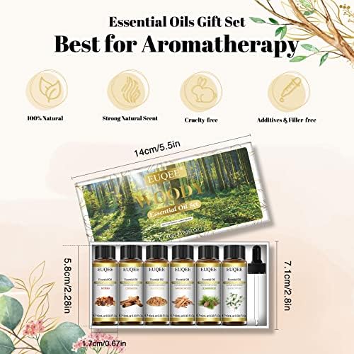 EUQEE Woody Essential Oils Set for Aromatherapy - Pure & Natural Oils - Eucalyptus, Cedarwood, Sandalwood, Frankincense,