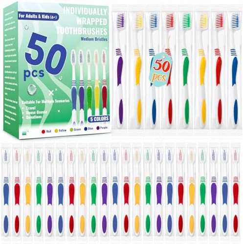 Bulk Disposable Travel Toothbrushes Pack - Soft Bristle Good Cleaning for Kids, Adult & Elderly | 50 Pcs Individually W