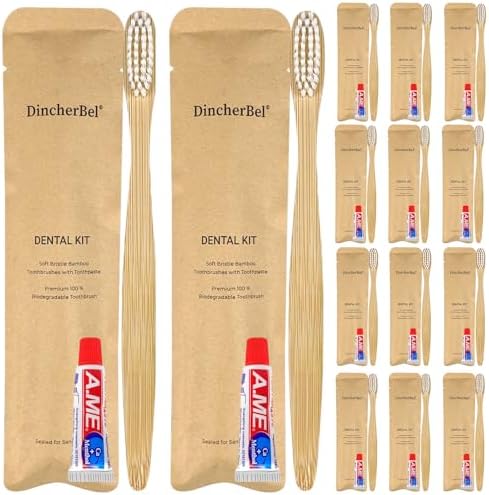 DincherBel Bamboo Disposable Toothbrushes Kit for Hotels, Airbnb, and Travel (50 Pack) | DincherBel Bamboo Toothbrushes