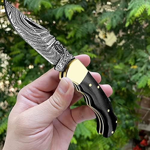 Best.Buy Damascus1 Folding Hunting Knife, 6.5" Real Damascus Blade & Olive Wood Handle, EDC Camping Knife for Men