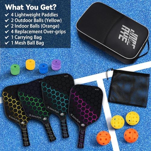 JoncAye USAPA Approved Pickleball Paddles Set of 4 for Adults, Men, Women, and Kids with Balls and Bag JoncAye USAPA App