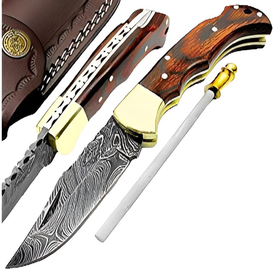 Best.Buy Damascus1 Folding Hunting Knife, 6.5" Real Damascus Blade & Olive Wood Handle, EDC Camping Knife for Men