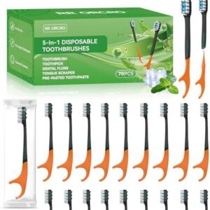 70Pack All-in-One Oral Care Prepasted Mini Toothbrush with Toothpick, Flosser, Tongue Cleaner - Travel & On-The-Go | 70