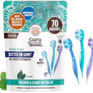 Ready-to-Go GuruNanda Pre-Pasted Toothbrushes for Butter on Gums & Toothpick - Fluoride-Free, No Rinsing Needed, 70 Ct