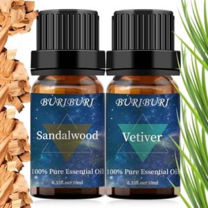 BURIBURI Sandalwood and Vetiver Essential Oils Set for Aromatherapy and Diffuser Use | BURIBURI 100% Pure Sandalwood an